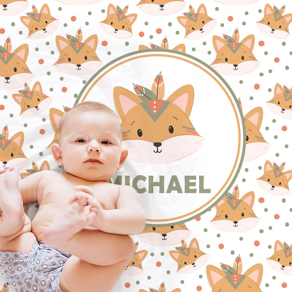 Boho baby fox blanket, tribal foxes personalized name blanket, boho animals boys newborn baby gift, fox name swaddle (CHOOSE COLORS)
