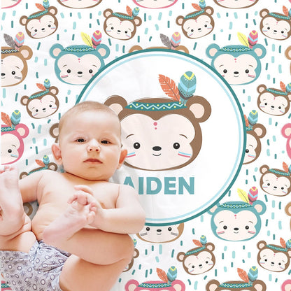 Boho baby monkey blanket, tribal monkeys personalized name blanket, boho animals boys newborn baby gift, monkey name swaddle (CHOOSE COLORS)