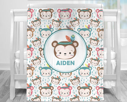 Boho baby monkey blanket, tribal monkeys personalized name blanket, boho animals boys newborn baby gift, monkey name swaddle (CHOOSE COLORS)