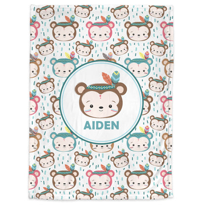Boho baby monkey blanket, tribal monkeys personalized name blanket, boho animals boys newborn baby gift, monkey name swaddle (CHOOSE COLORS)