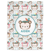 Boho baby monkey blanket, tribal monkeys personalized name blanket, boho animals boys newborn baby gift, monkey name swaddle (CHOOSE COLORS)