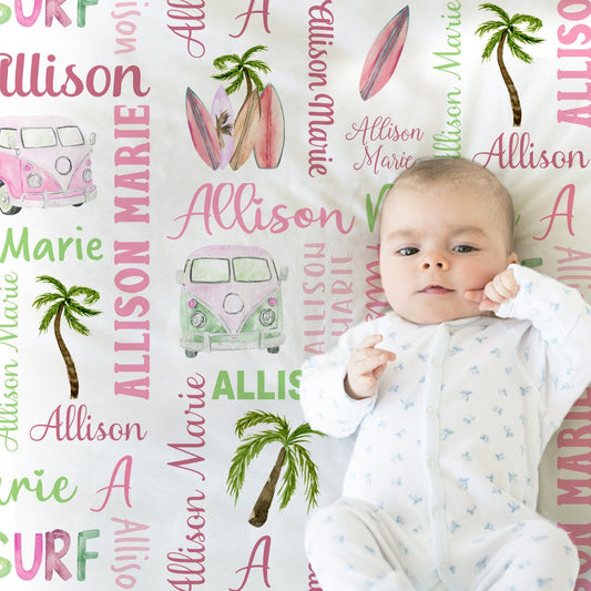 Personalized Surfer Girl Baby Name Blanket Girl