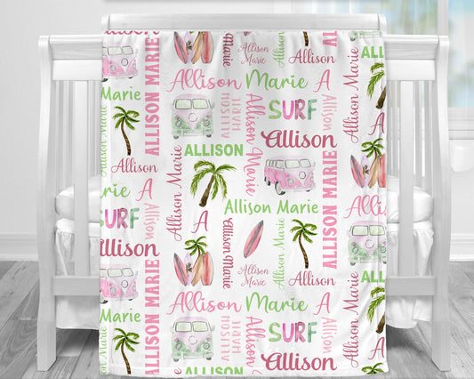 Personalized Surfer Girl Baby Name Blanket Girl