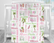 Surfer baby name blanket, personalized girls pink surfboard blanket, newborn beach palm tress baby shower gift, pink and white