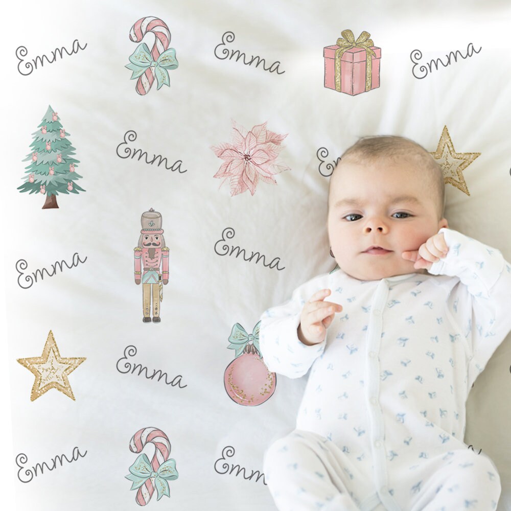 Christmas baby girls blanket, personalized Chistmas present name blanket, girls newborn holiday swaddle, pink xmas baby girl gift