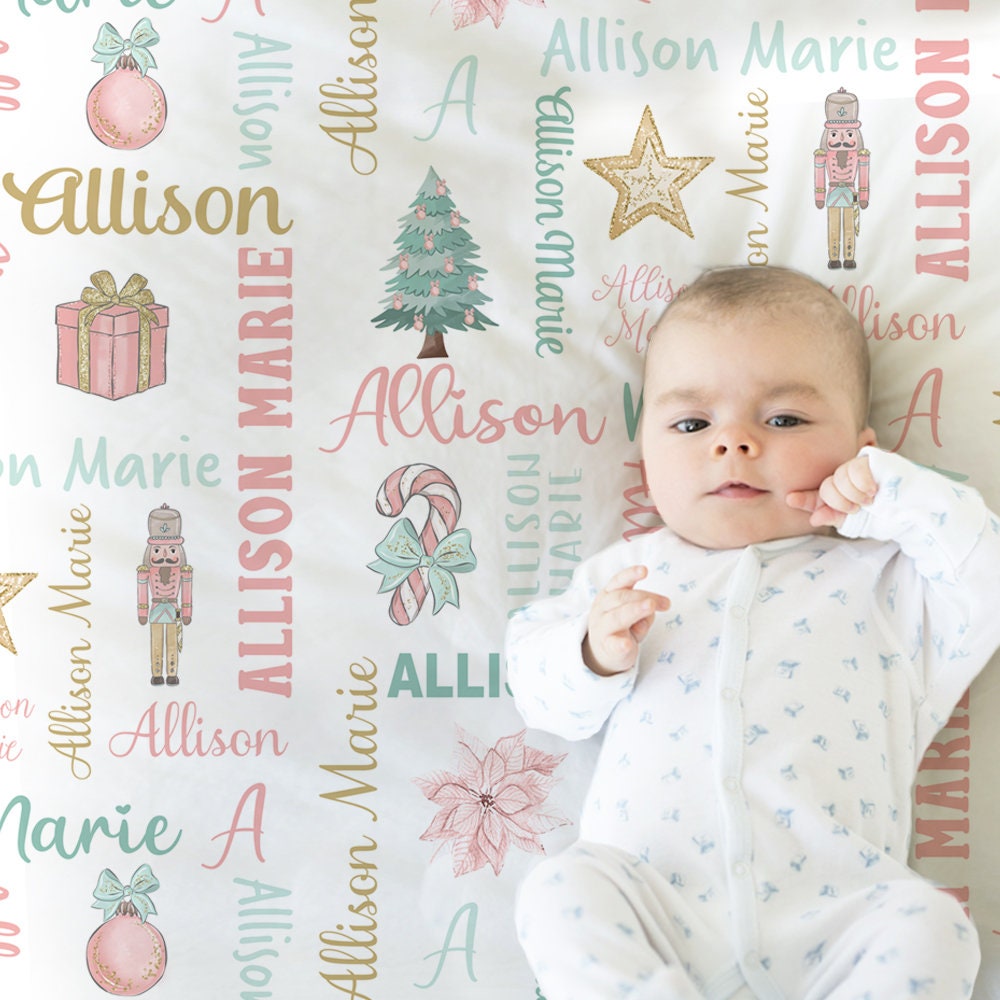 Christmas baby newborn blanket, pink Christmas tree and ornament name blanket, personalized holiday swaddle, Christmas baby girl gift