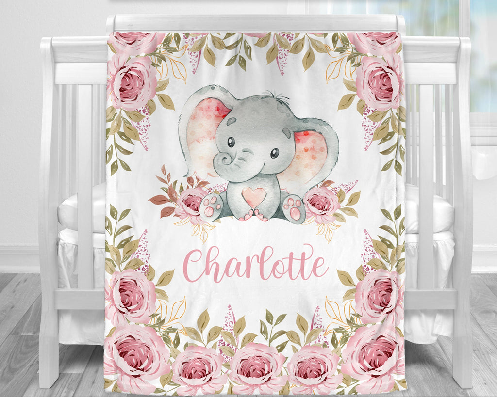 Personalized flowers and elephant baby girls blanket, floral name blanket, pink newborn elephant and flowers swaddle gift, (CHOOSE COLORS)