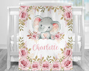 Personalized flowers and elephant baby girls blanket, floral name blanket, pink newborn elephant and flowers swaddle gift, (CHOOSE COLORS)