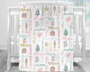 Christmas baby newborn blanket, pink Christmas tree and ornament name blanket, personalized holiday swaddle, Christmas baby girl gift