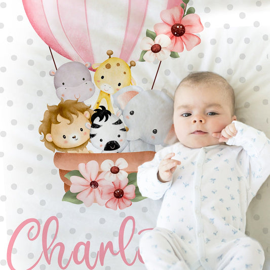Safari Animals baby blanket, personalized newborn safari animal blanket, baby name swaddle, safari baby girl safari gift