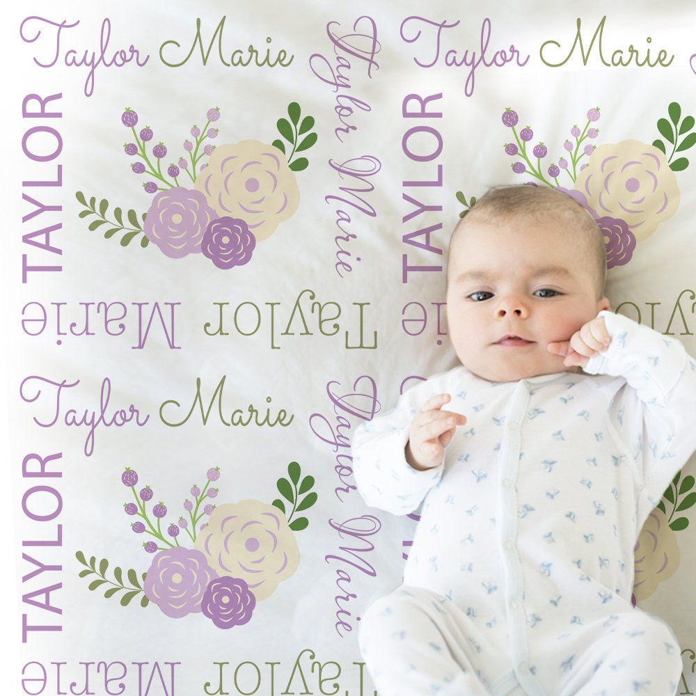 Floral baby newborn blanket, purple and cream flowers name blanket, floral girls swaddle, personalized baby flowers gift, (CHOOSE COLORS)