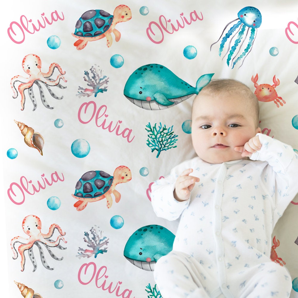 Baby girl under the sea baby blanket, personalized whale and turtle swaddle blanket, ocean animal newborn blanket with name (CHOOSE COLORS)
