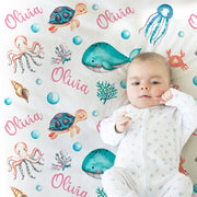 Baby girl under the sea baby blanket, personalized whale and turtle swaddle blanket, ocean animal newborn blanket with name (CHOOSE COLORS)