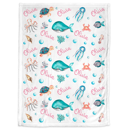 Baby girl under the sea baby blanket, personalized whale and turtle swaddle blanket, ocean animal newborn blanket with name (CHOOSE COLORS)