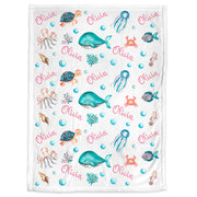 Baby girl under the sea baby blanket, personalized whale and turtle swaddle blanket, ocean animal newborn blanket with name (CHOOSE COLORS)