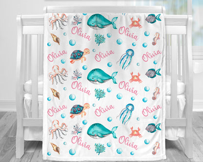 Baby girl under the sea baby blanket, personalized whale and turtle swaddle blanket, ocean animal newborn blanket with name (CHOOSE COLORS)