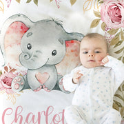 Personalized flowers and elephant baby girls blanket, floral name blanket, pink newborn elephant and flowers swaddle gift, (CHOOSE COLORS)