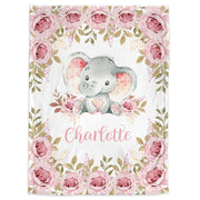 Personalized flowers and elephant baby girls blanket, floral name blanket, pink newborn elephant and flowers swaddle gift, (CHOOSE COLORS)