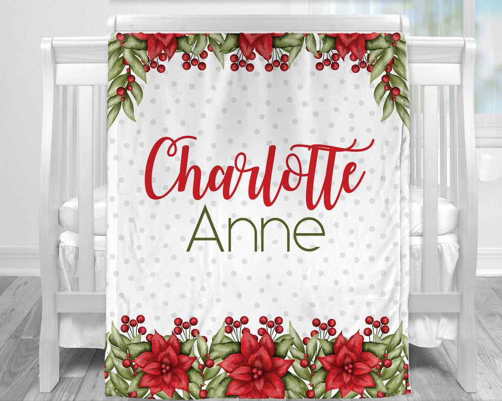 Christmas flower baby blanket, newborn floral holiday blanket with name, poinsettia girl personalized swaddle baby gift,  (CHOOSE COLORS)