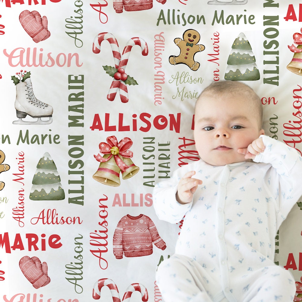 Christmas baby newborn blanket, Christmas tree and ornament name blanket, personalized holiday swaddle, Christmas baby girl gift