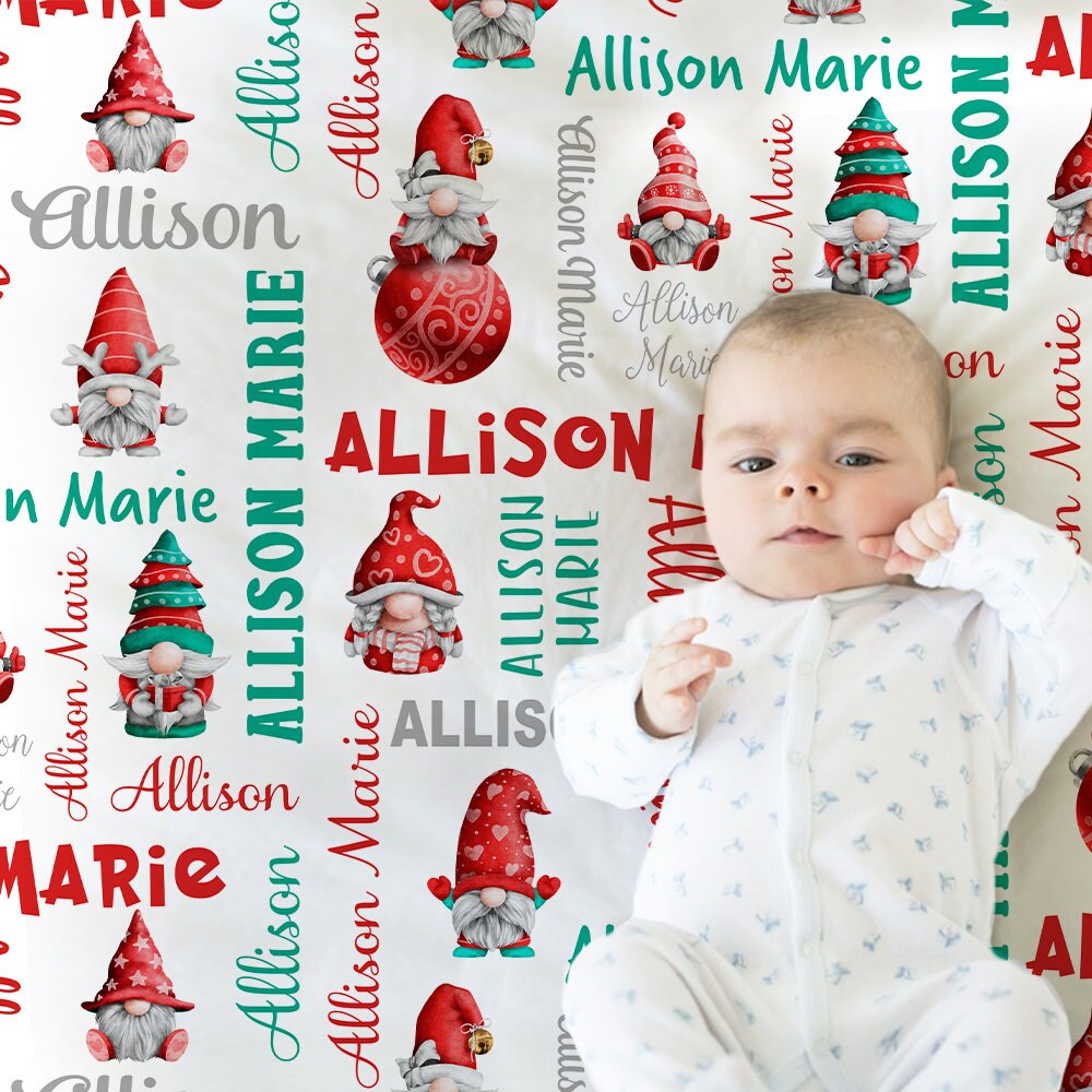 Personalized Christmas Gnomes Baby Name Blanket Girl