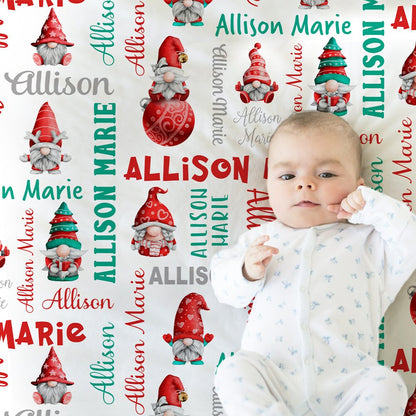 Personalized Christmas Gnomes Baby Name Blanket Girl