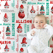 Christmas Gnome baby blanket, personalized holiday swaddle, Christmas baby gift for girl or boy