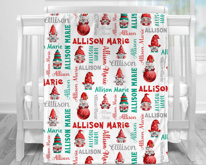 Personalized Christmas Gnomes Baby Name Blanket Girl