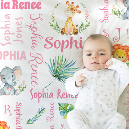Safari Animals baby blanket, newborn girl personalized blanket with name, safari baby gift in pink, safari theme nursery blanket