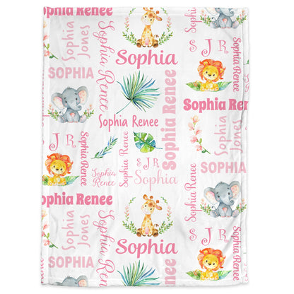 Safari Animals baby blanket, newborn girl personalized blanket with name, safari baby gift in pink, safari theme nursery blanket