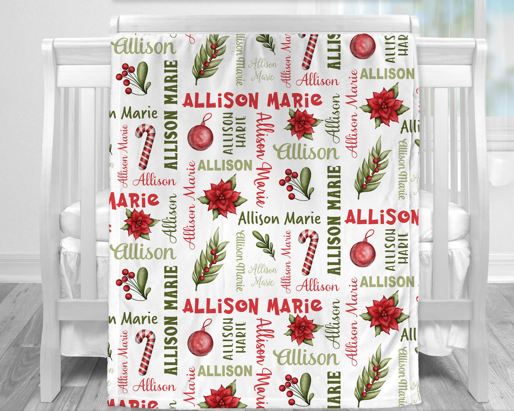 Christmas baby blanket, personalized girl holidays baby blanket, newborn first Christmas baby gift, personalized holiday swaddle with name
