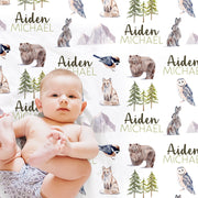 Forest animals baby blanket, personalized baby name gift, woodland animals baby gift, baby boy pine tree swaddle blanket