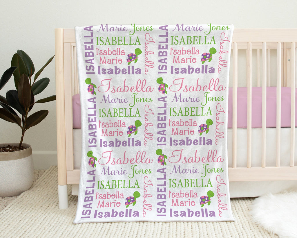 Baby girl turtle blanket, personalized turtle baby name blanket with name, sea animal newborn baby gift, girls or boys, (CHOOSE COLORS)
