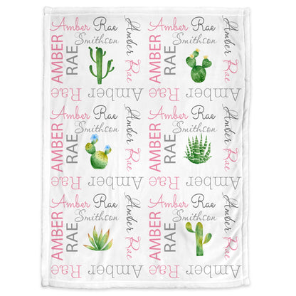 Pink cactus baby blanket, personalized cactus blanket with name, newborn southwest desert cactus baby gift, baby boy or girl (CHOOSE COLORS)