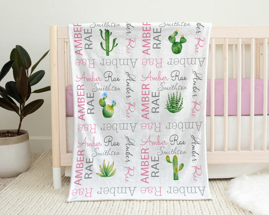 Pink cactus baby blanket, personalized cactus blanket with name, newborn southwest desert cactus baby gift, baby boy or girl (CHOOSE COLORS)