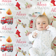 Fire trucks baby girl blanket, personalized fireman blanket with name, newborn first responder baby gift, baby boy or girl (CHOOSE COLORS)