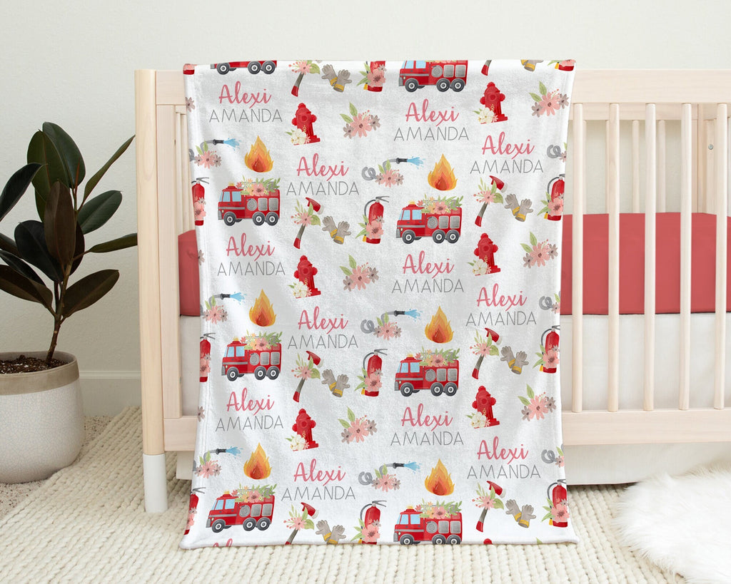 Fire trucks baby girl blanket, personalized fireman blanket with name, newborn first responder baby gift, baby boy or girl (CHOOSE COLORS)