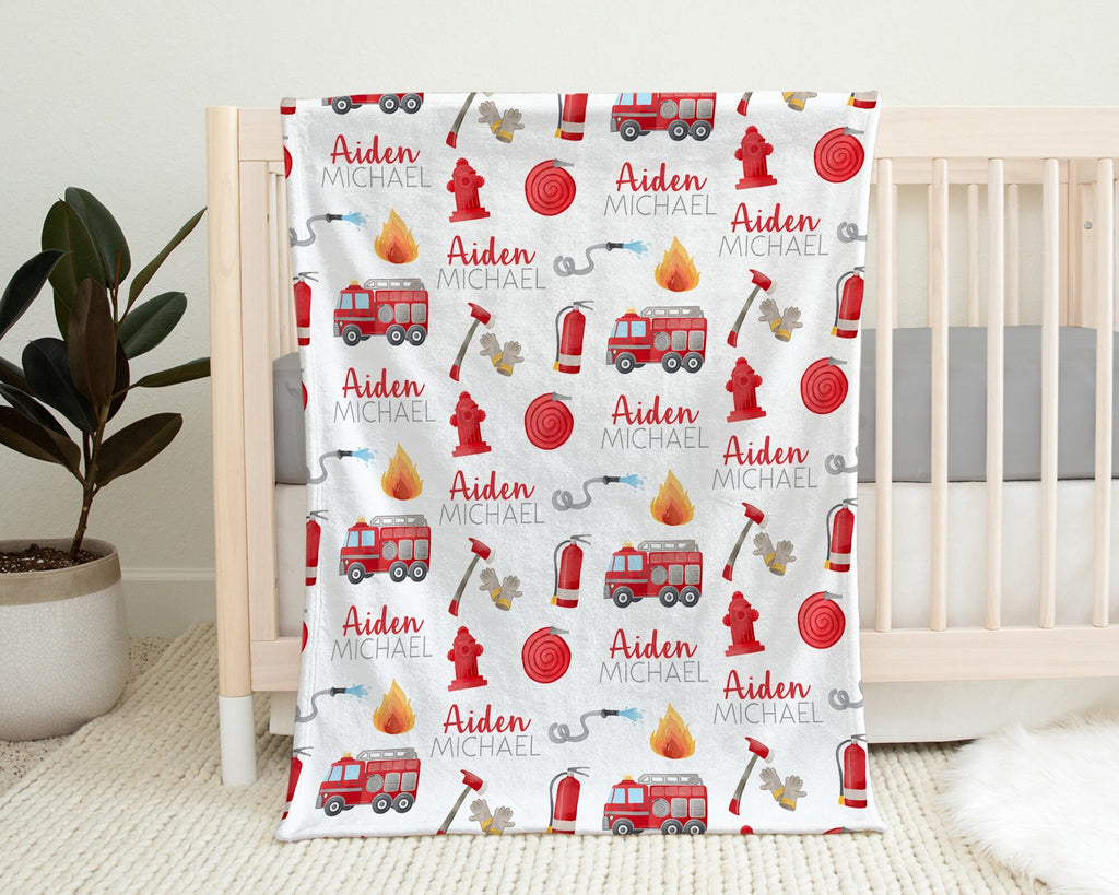 Baby boy fire trucks name blanket, fireman newborn blanket, first responder baby blanket, firefighter personalized baby gift (CHOOSE COLORS)