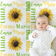 Sunflowers baby blanket, sunflower girl personalized name swaddle blanket, newborn floral baby gift, sunflower gift (CHOOSE COLORS)