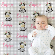 Personalized cow baby blanket, newborn baby girl farm cow name blanket, floral farm polka dot animal baby girls gift, (CHOOSE COLORS)