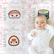 Sushi baby blanket, pink Kawaii baby blanket, personalized newborn sushi lover swaddle blanket, sushi baby gift, (CHOOSE COLORS)
