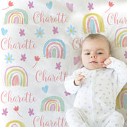 Boho rainbow baby name blanket, personalized newborn swaddle blanket, girl gift hearts, flowers, stars