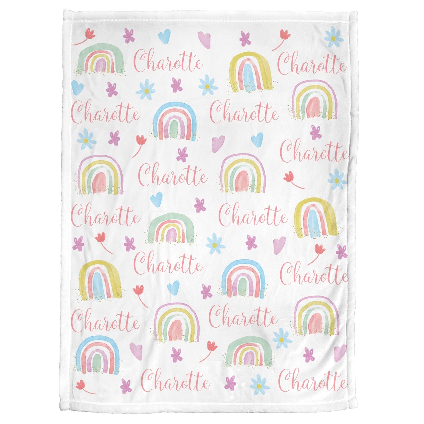 Boho rainbow baby name blanket, personalized newborn swaddle blanket, girl gift hearts, flowers, stars
