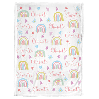 Boho rainbow baby name blanket, personalized newborn swaddle blanket, girl gift hearts, flowers, stars