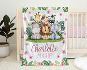 Safari Animals baby blanket, girl personalized safari baby gift, safari nursery