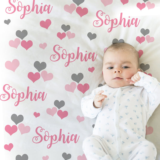Personalized Pink Hearts Baby Name Blanket Girl