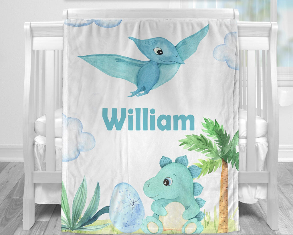 Dinosaur baby blanket, personalized baby gift, baby boy dino gift, watercolor dinosaur nursery or toddler blanket