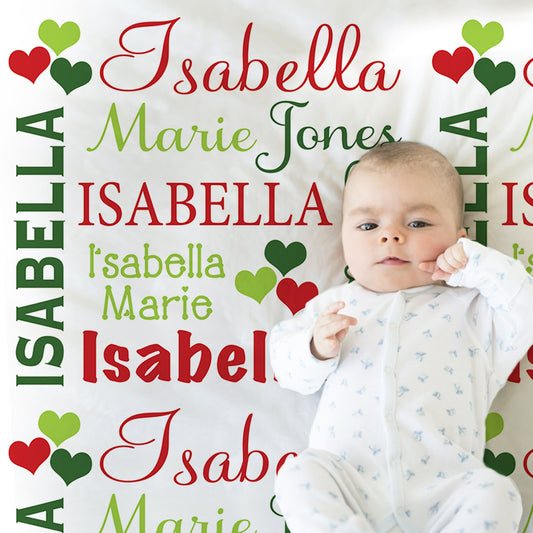 Personalized Christmas Hearts Baby Name Blanket Girl Red and Green