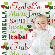 Christmas Hearts Baby Blanket, Personalized name blanket for baby's first christmas in red and green