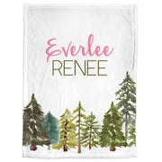 Pine tree baby blanket, woodland girl forest baby gift, outdoors theme name blanket, woodland nursery, baby girl shower gift with name